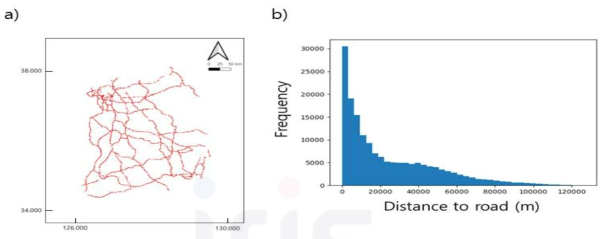 고속도로 네트워크(a) 및 전국 단위 지점별 가장 가까운 고속도로까지의 거리(b)