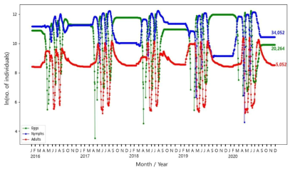 2016년부터 2020년까지 개체기반모델의 성충, 약충과 알의 개체군의 상호적 크기 변화(종축은 자연대수로 변환)