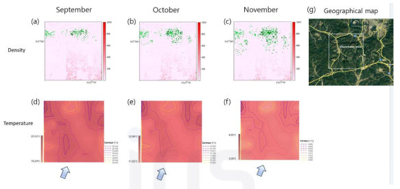 춘천지역에서의 WCSB 개체군 시공간 분포(δ=3) (2016-2020년 사이의 9월, 10월, 11월의 누적 평균)