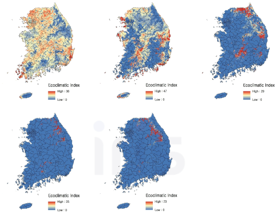 기후변화에 따른 소나무허리노린재의 잠재적 분포 변화 (좌상단: 2020, 중상단: 2040, 우상단: 2060, 좌하단: 2080, 중하단: 2100)