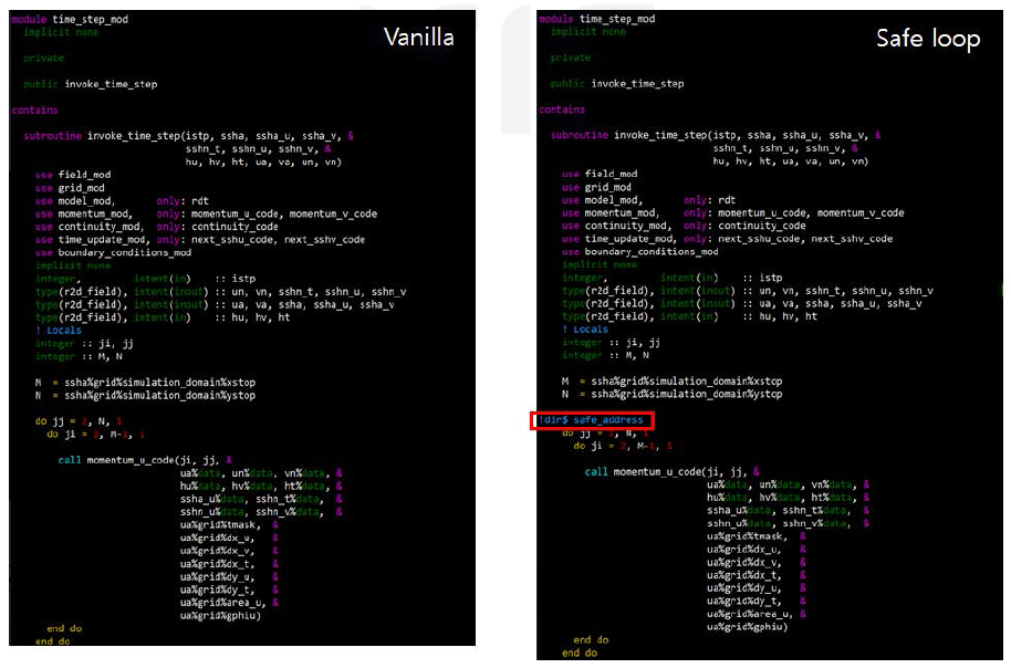 Vanilla와 Safe loop 실험의 소스 코드 비교