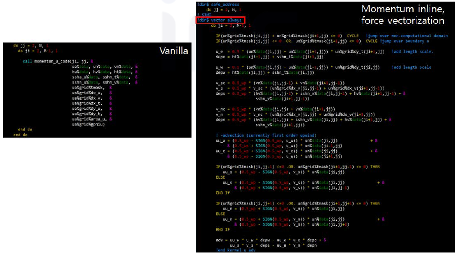 Vanilla와 Force vectorization 실험의 소스 코드 비교