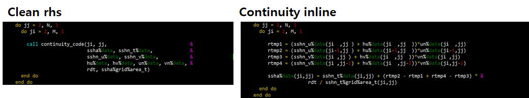 Clean rhs와 Continuity inline 실험의 소스 코드 비교