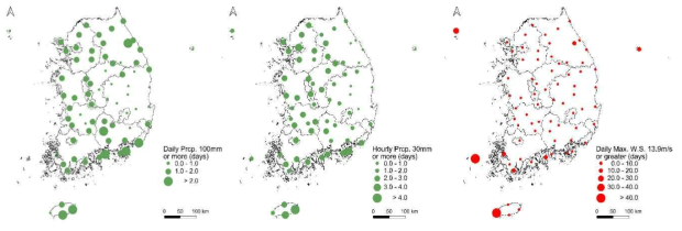 (a) Daily precipitation ≥ 100mm days (PD100), (b) one-hour maximum precipitation ≥ 30mm days (PH30), and (c) daily maximum wind speed ≥13.9m/s days (W13.9) for the new normal (1991-2020)