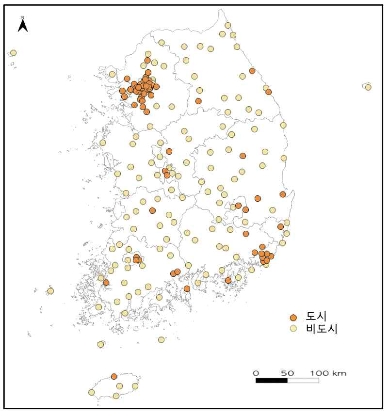 도시와 비도시 기상관측지점의 분포