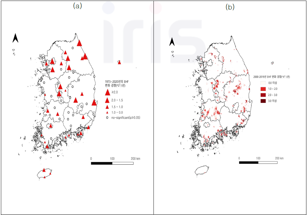 (a) 1973~2020년의 EHF 변화 경향과 (b) 2000~2019년 EHF 변화 경향