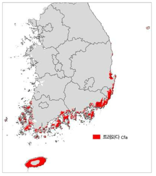 트레와다 기준을 적용한 아열대 기후형(Cfa)-아열대기후형 I