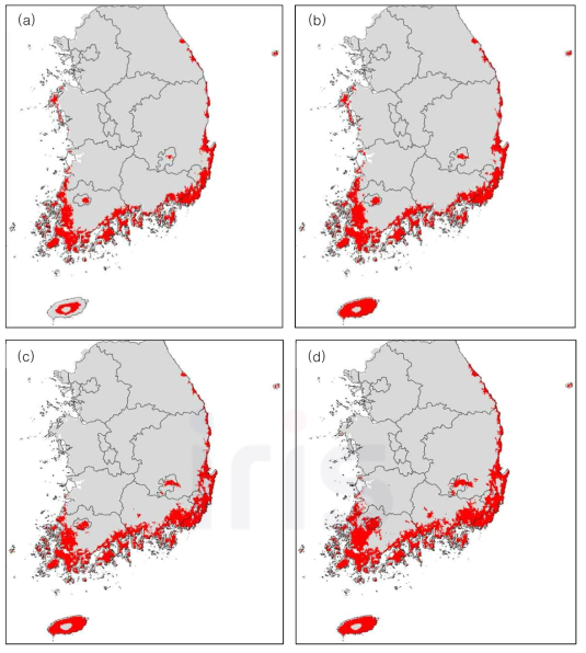 식생 관련 아열대 기후형 구분을 위한 적용 가능 기준 분포(a: 최저기온지수 –33.5∼-5.9, b: 1월 평균 최저기온 –4.0℃ 이상, c: 한랭지수 –10.0℃·month 이상, d: 1월 평균기온 0.0℃ 이상)