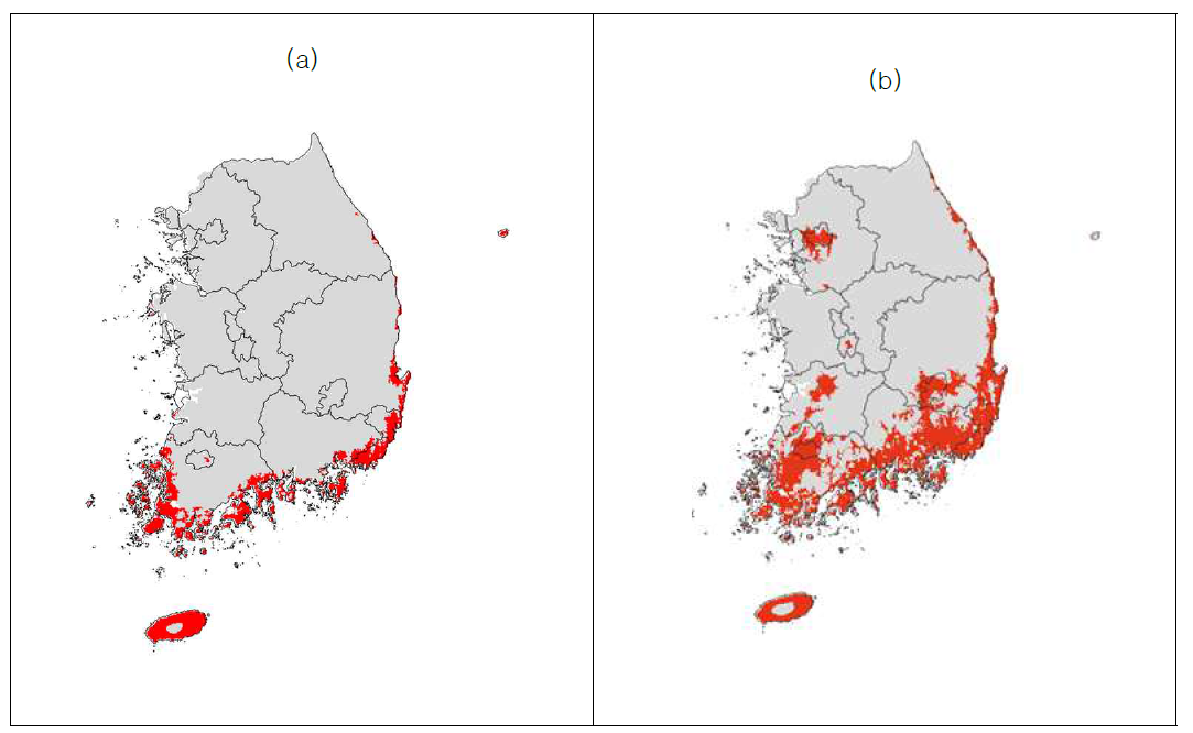 월동배추 재배 가능(1월 최저기온 –3℃ 이상) 지역 분포(a)와 트레와다 월 시기 변경 Cfa 기후형 분포(8개월: 3월 21일∼11월 20일)(b)