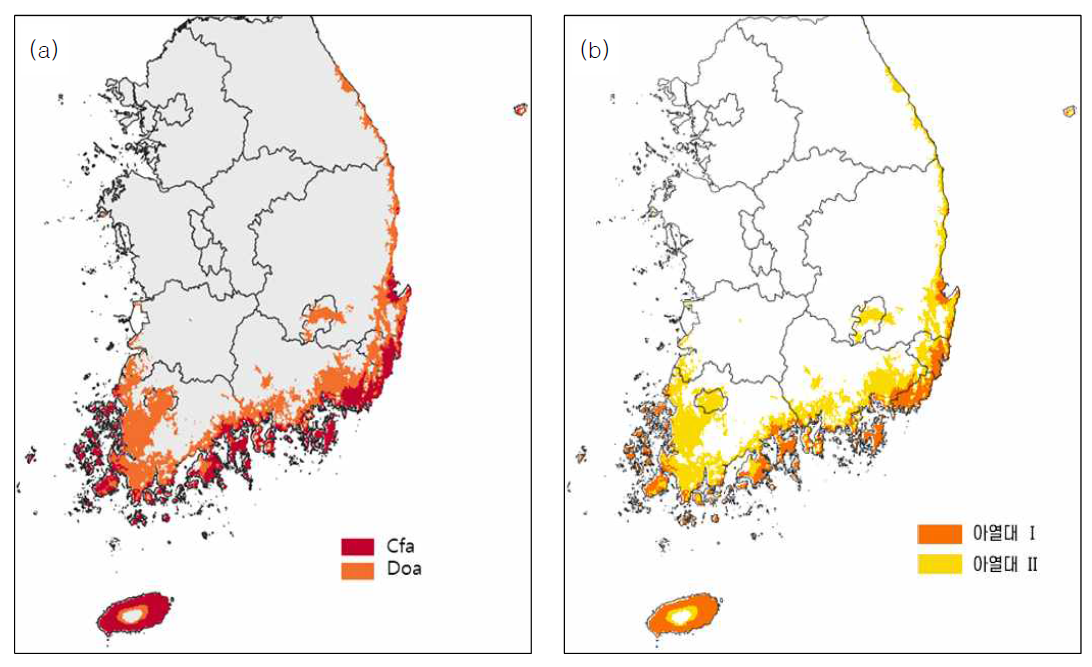 (a) 트레와다 Cfa와 Doa 기후형과 (b) 아열대 기후형(I)과 (II)