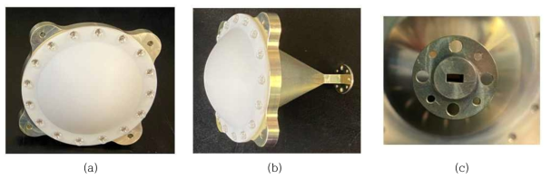 제작된 렌즈 혼 안테나: (a) 전면 사진 (b) 측면 사진 (c) WR-15 도파관 연결부 사진