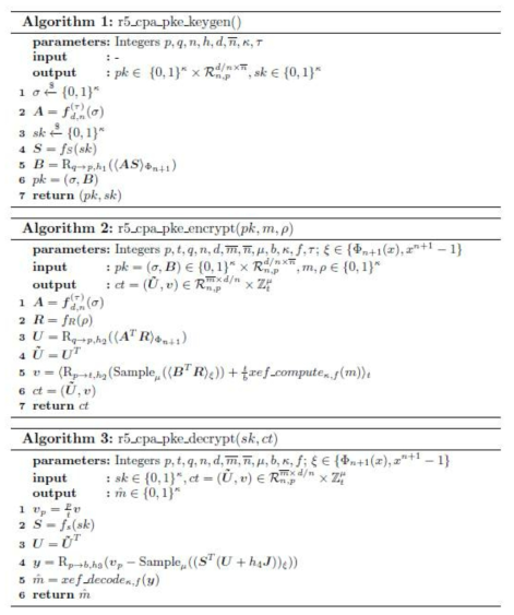 r5_cpa_pke 알고리즘의 키 생성, 암호화, 복호화 알고리즘
