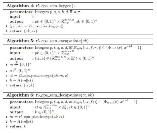 r5_cpa_kem 알고리즘의 키 생성, 캡슐화, 역캡슐화 알고리즘