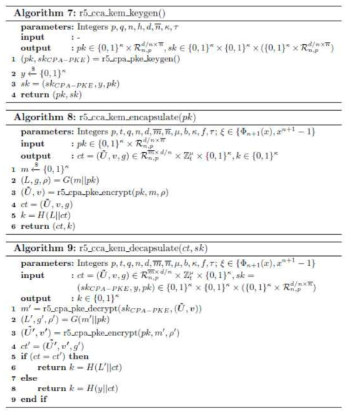 r5_cca_kem 알고리즘의 키 생성, 캡슐화, 역캡슐화 알고리즘