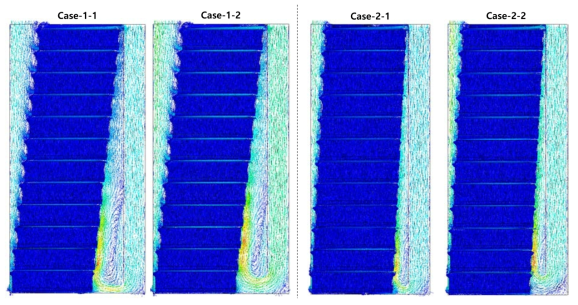 계단형 트레이 유닛의 Case에 따른 흐름의 CFD 해석 결과(vector)