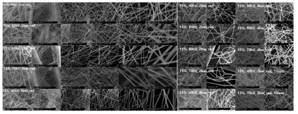 전기방사 조건에 따른 단일층 여과재 섬유 직경 비교 전자현미경 사진 비교
